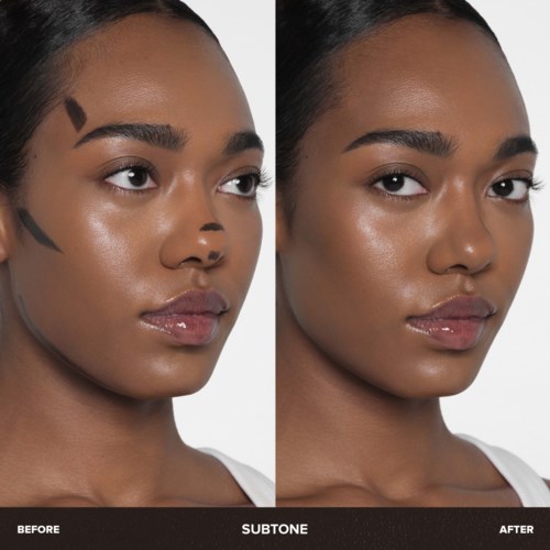 Side-by-side images showing a woman's face before and after using a skin product called Subtone.