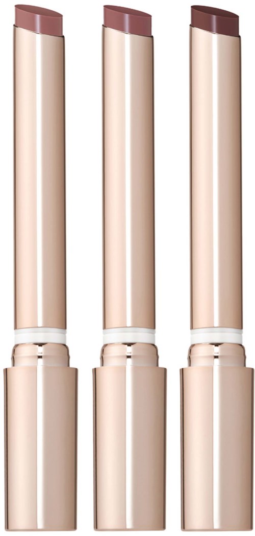 Tre makeup-pennor i nude nyanser med rosegold-lock, placerade vertikalt.