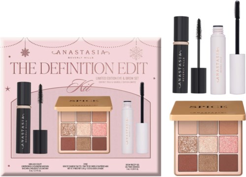 Kosmetiksats med mascara, ögonbrynsgel, ögonskuggspalett och förpackning, alla från Anastasia Beverly Hills.