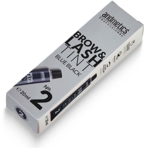 A box of eyebrow dye, black and blue, with a small bottle and labels showing the product name.