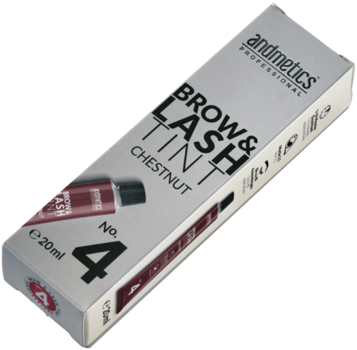 En låda med bryn- och fransfärg i kastanjfärg från Andmetics Professional.