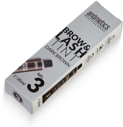 Förpackningen visar ett bryn- och ögonlocksfärg i mörkbrunt, märkt som No. 3, med 20 ml innehåll.