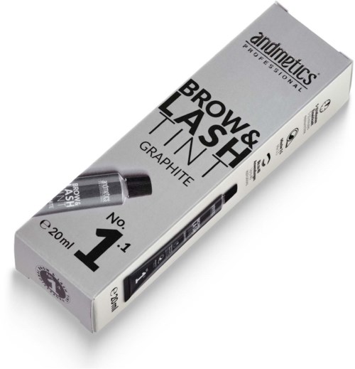 En box med ögonbryn- och ögonfransfärg, med produktinformation och en bild av en svart applikator.