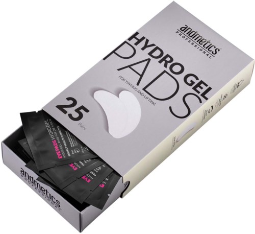 Förpackning med 25 hydrogelplåster för träning och lyft, med svarta påsar inuti. Märket är Andmetics Professional.