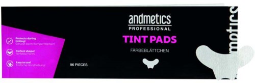 Box of 96 purple tint pads for eyebrows, labeled 'andmetics PROFESSIONAL TINT PADS'.