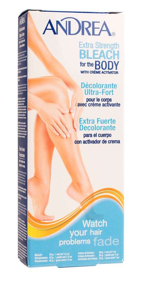Eine Packung Andrea Bleichcreme mit Bild von Beinen und Text zur Haarentfernung. Enthält Anweisungen in mehreren Sprachen.