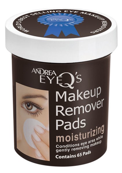 Schwarzer Behälter mit weißem Deckel und blauer Schleife, zeigt ein Auge und ein Pad zum Entfernen von Make-up, als feuchtigkeitsfördernd gekennzeichnet.