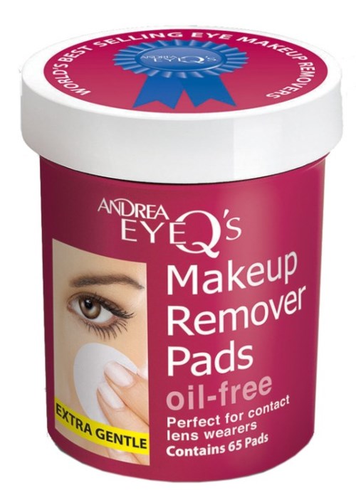 Rote zylindrische Verpackung mit blauer Schleife auf dem Deckel, beschriftet für Make-up-Entfernungspads, ölfrei, mit Augensymbol.