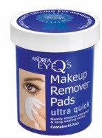 A round container with a blue lid advertises Andrea EyQ's Makeup Remover Pads, showing a woman's eye and a white pad.