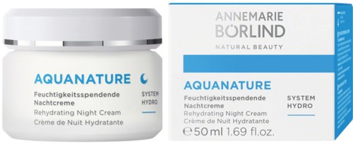 Een potje en doos van Annemarie Börlind Aquanature nachtcrème, 50 ml, voor hydratatie van de huid.