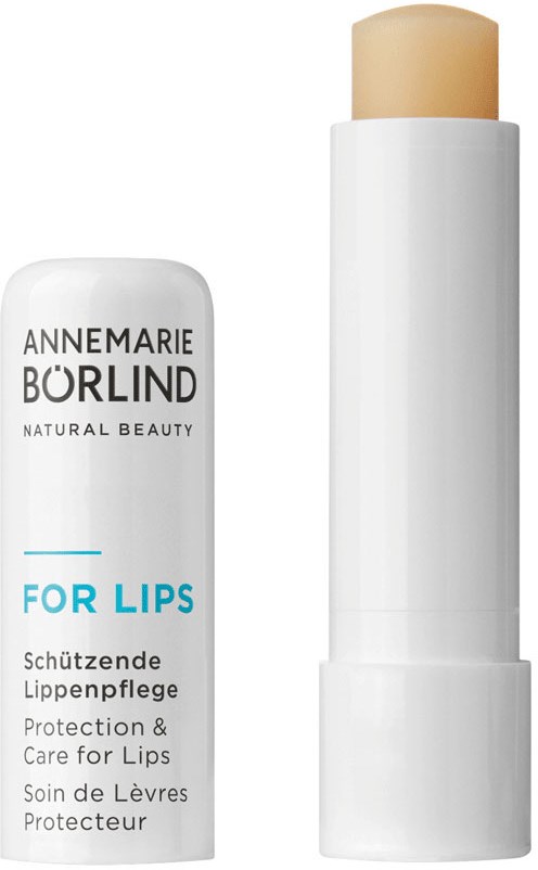 Lippenbalsemtube met witte dop en applicatiestift, gemerkt voor bescherming en verzorging van lippen.