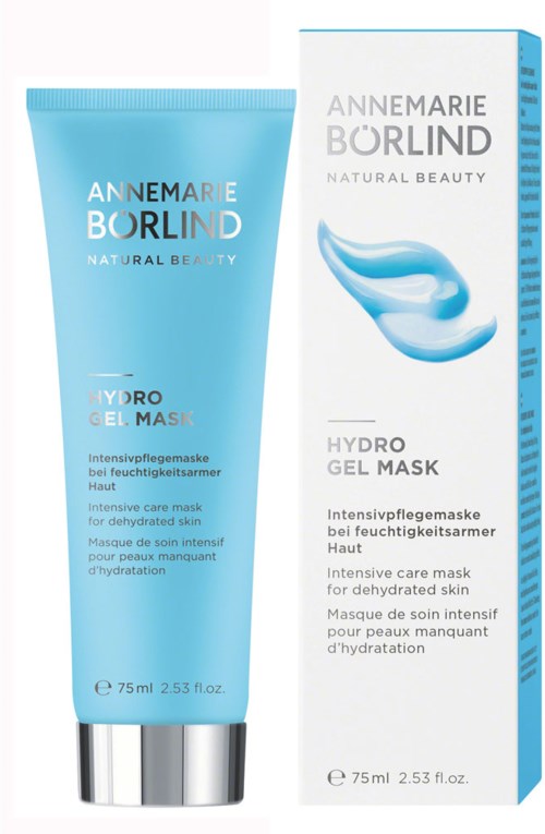 Een blauwe tube Hydro Gel Mask en de doos met waterdruppel illustratie en merknaam. Voor droge huid.