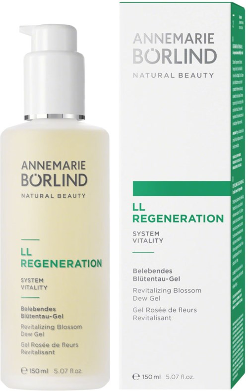 Een witte pompflacon naast een doos, beiden gelabeld 'Annmarie Borlind LL Regeneration Revitalizing Blossom Dew Gel' en 150ml.