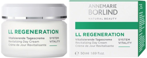 Herstellende dagcrème in een witte pot met groene en grijze tekst, en de doos gelabeld 'Annmarie Borlind' met groene accenten.