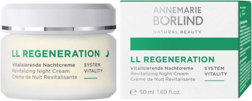 Een witte pot en doos van Annemarie Börlind nachtcrème, met groene en grijze tekst, benadrukt regeneratie en vitaliteit.