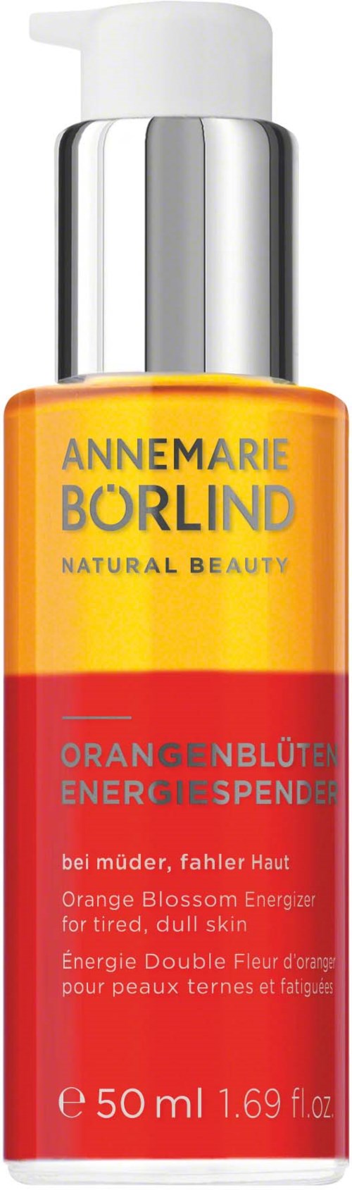 Een fles met pomp, oranje en rode label, en tekst over energie en huid voor vermoeide, doffe huid.