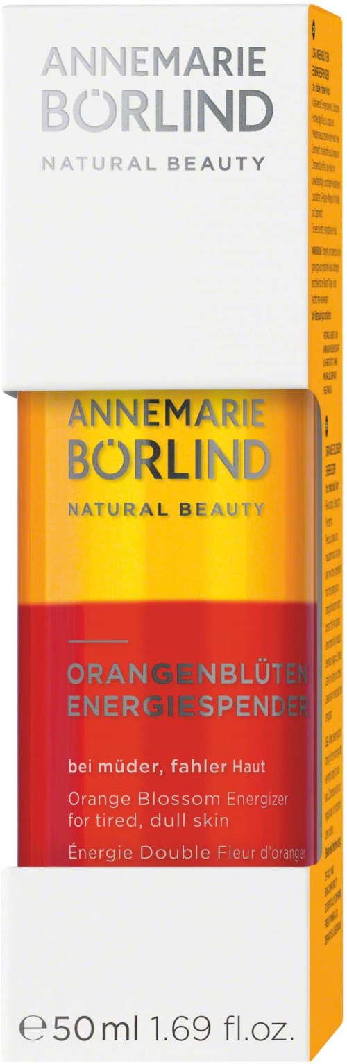 Een doos met oranje en rode kleuren, bevat een huidverzorgingsproduct genaamd Annemarie Borlind Orange Blossom Energy Serum.