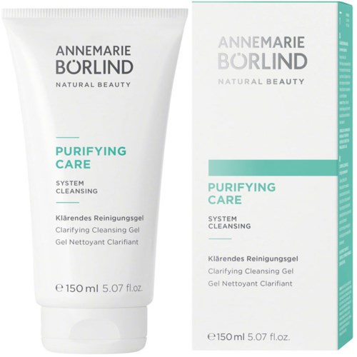 Een witte tube en doos van Annemarie Börlind Purifying Care Clarifying Cleansing Gel met teal tekst, beide 150 ml.