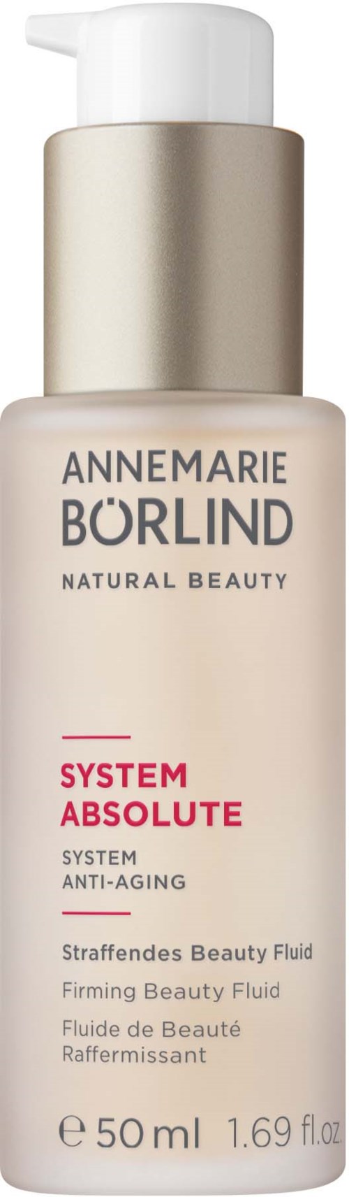 Een huidverzorgingsfles met 'Annemarie Börlind System Absolute' label en pomp, 50 ml.
