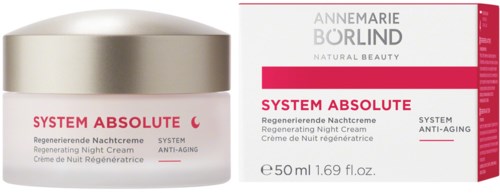 Een potje en doos voor Annemarie Börlind nachtcrème, met productnaam en beschrijving in rood en grijs.