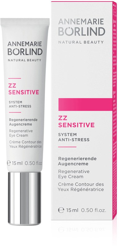 Een tube en doos van Annemarie Borlind ZZ Sensitive oogcrème, bedoeld voor anti-stress en huidregeneratie.