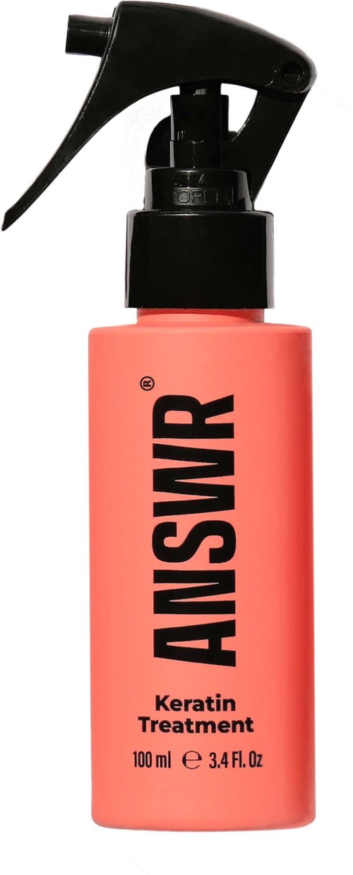 Eine rosa Sprühflasche mit schwarzem Text, beschriftet 'ANSWIR', für Keratin- Haarbehandlung, 100 ml.