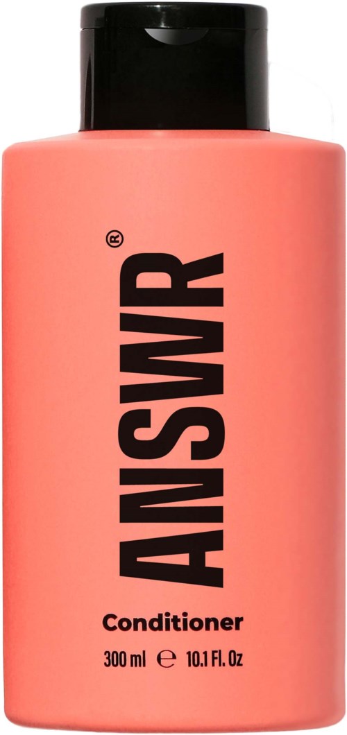 Eine rosa Flasche mit der Aufschrift 'ANSWER' enthält Conditioner, mit schwarzem Deckel und Größenangabe.