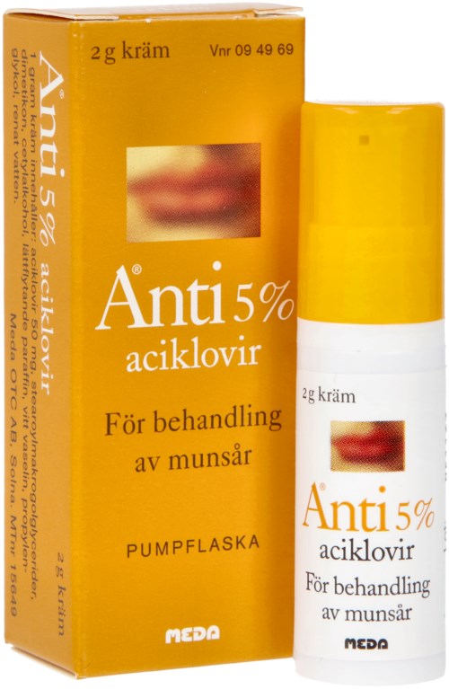 A yellow box and white bottle contain Anti 5% acyclovir cream for mouth sore treatment.