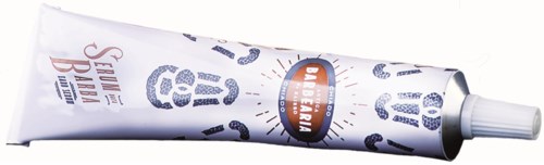 Die Tube ist weiß mit blauen Zahlen und Text, gekennzeichnet als Sonnencreme. Es hat einen weißen Deckel und etwas Text in Rot und Blau.