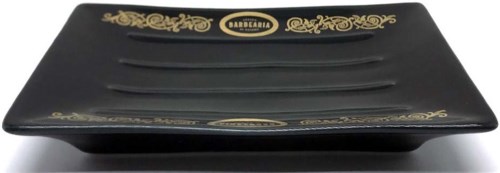 A black rectangular tray with gold decorative patterns and the word 'BARBARIAN' in the center.