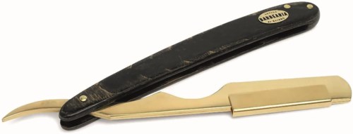 A straight razor with a black and gold handle and a closed gold blade.