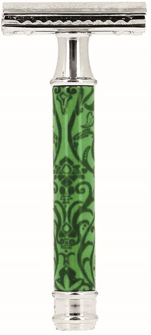 A safety razor with a green patterned handle and a silver blade head.