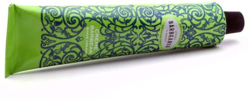 Ein grüner Tuben Handcreme mit blauem Muster und schwarzem Verschluss.