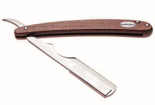 A folding knife with a wooden handle and a partially open stainless steel blade.