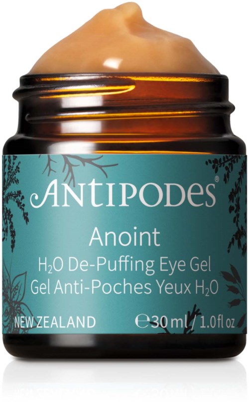 Ein Glas Antipodes Augen-Gel, blaules Etikett, Creme oben, 30 ml, aus Neuseeland.