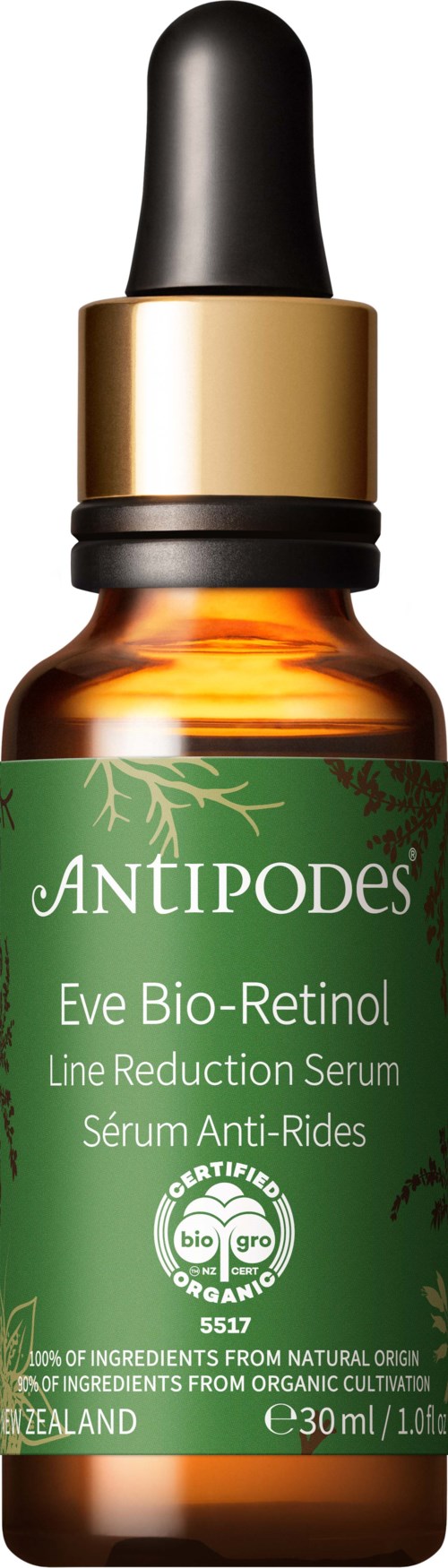 Eine kleine braune Flasche mit schwarzem Tropfenzähler, grüner Etikett und weißem Text für Eve Bio-Retinol Serum.