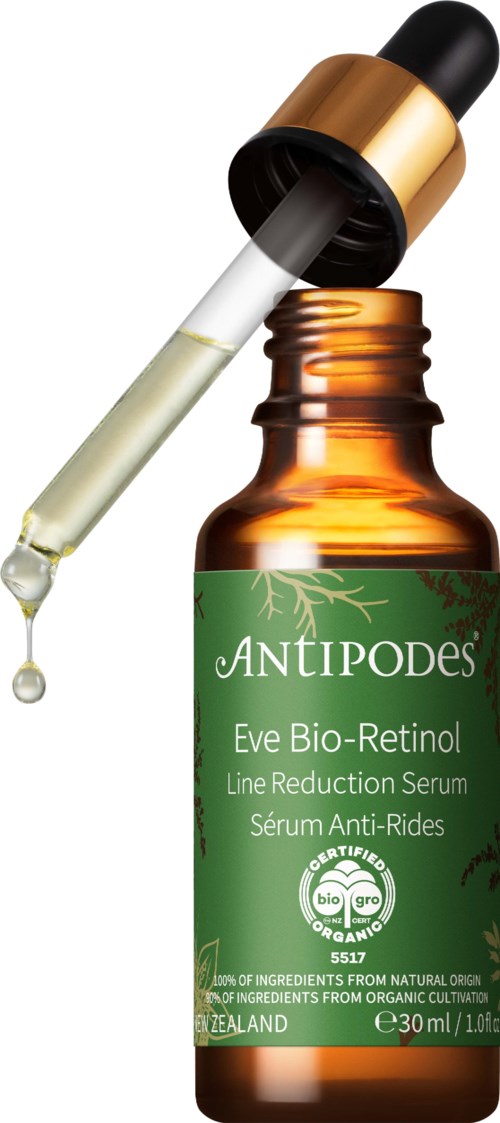 Eine kleine bernsteinfarbene Flasche mit Tropfer, die Serum für Hautalterung und feine Linien enthält.