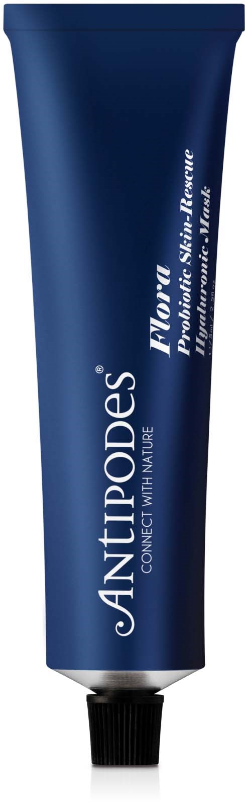 Blauer Tub mit weißem und hellblauem Text, bewirbt Antipodes Hautpflegeprodukt, bezeichnet 'Nourish' und 'Replenishing Skin Face'.