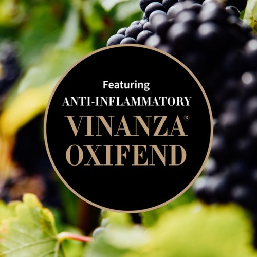 Etikett, das antientzündliche Inhaltsstoffe VINANZA und OXIFEND auf einem schwarzen Kreis mit Trauben zeigt.