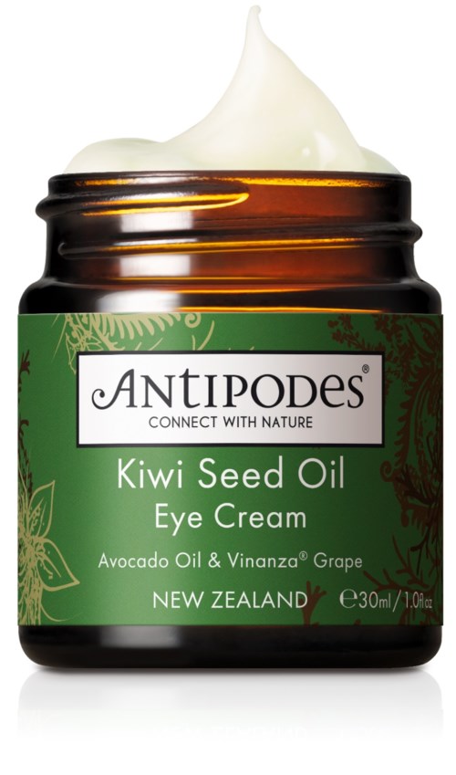 Ein braune Dose mit Kiwi Seed Eye Cream, grüne Aufschrift, Creme oben, hergestellt in Neuseeland.