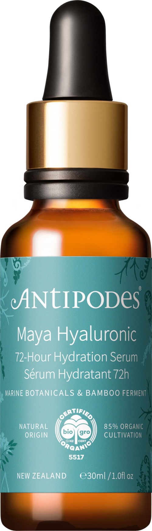 Kleine braune Glasflasche mit schwarzem Tropfer, Beschriftung Antipodes Maya Hyaluronic Serum für Hautbefeuchtung.