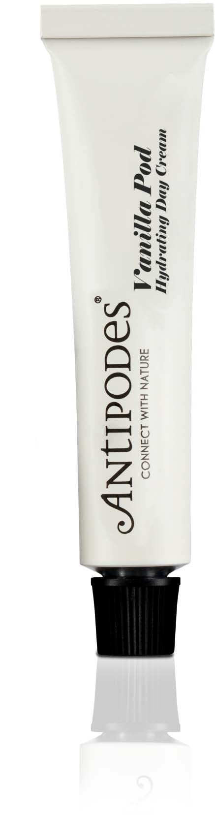 En liten vit tub med svart lock, märkt 'ANTIPODES Vanilla Pod Hydrating Day Cream' i svart text.