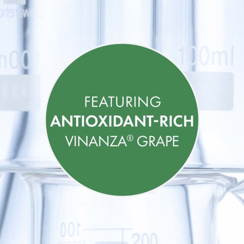 Grönt cirkel med vit text som lyfter fram antioxidant-rik vinanza-druva.