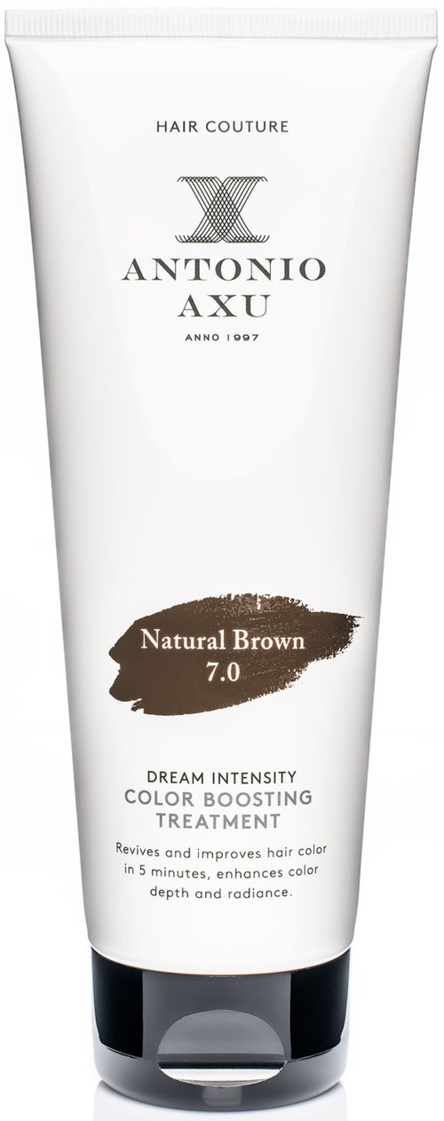 Eine weiße Tube für Haarfärbe Behandlung, gekennzeichnet 'Natural Brown 7.0,' mit Produktdetails und Markennamen.