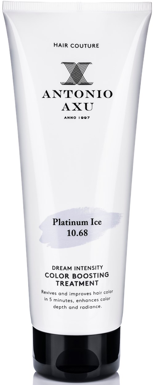 Eine weiße Haarbehandlungstube mit schwarzem Verschluss, gekennzeichnet 'Antonio Axu Platinum Ice 10.68', für Farbe und Strahlkraft.