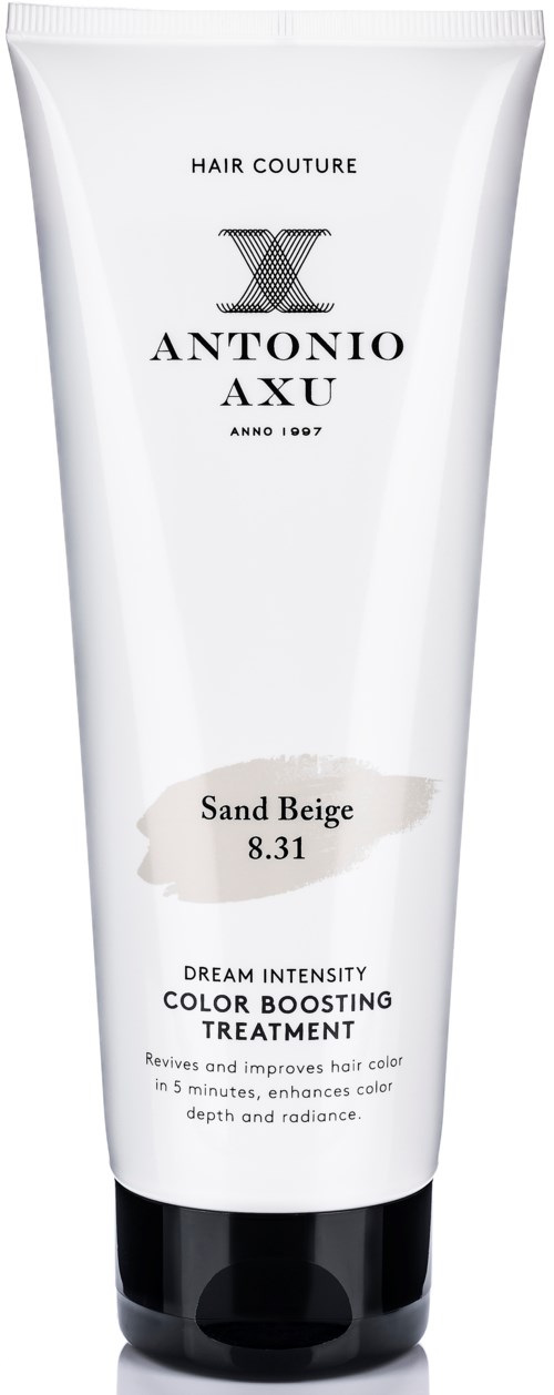 Eine weiße Tube mit Haarpflegeprodukt, beschriftet 'Antonio Axu Sand Beige 8.31'. Es steht 'Dream Intensity Color Boosting Treatment'.