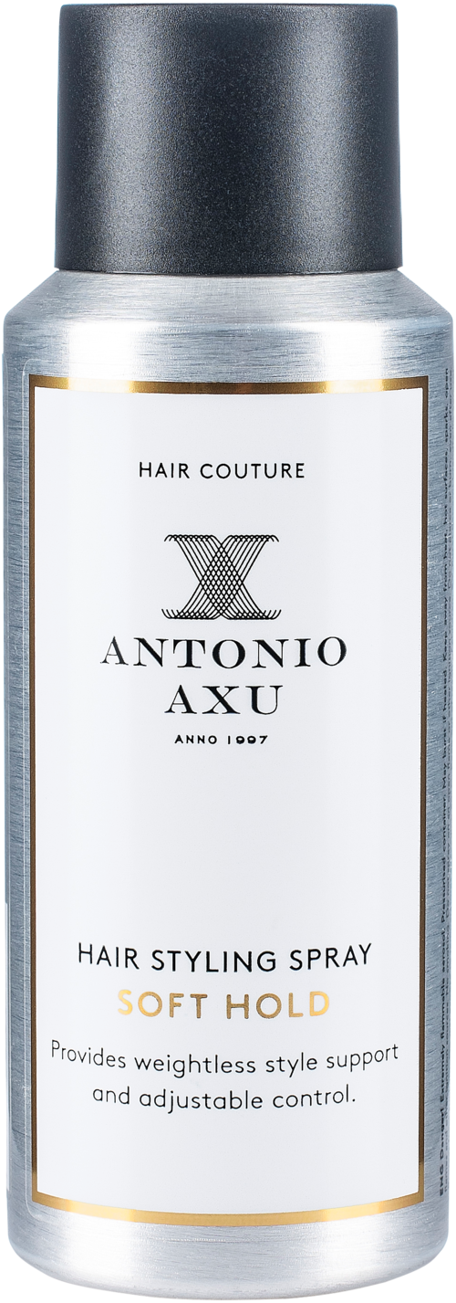 Eine silberne und schwarze Flasche mit der Aufschrift 'ANTONIO AXU HAIR STYLING SPRAY SOFT HOLD' für Haarstyling.