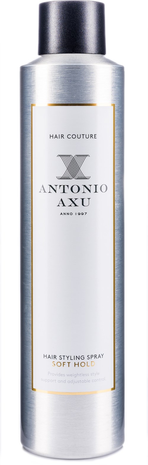 Eine silberne Flasche Haarspray mit schwarzem Deckel, gekennzeichnet Antonio Axu, für weichen Halt.