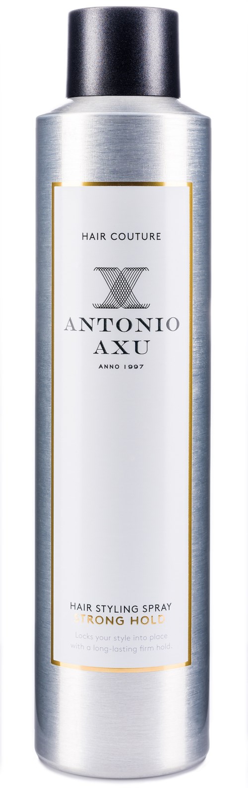 Srebrna butelka z czarnym kapslem, oznakowana 'Antonio Axu' i 'Hair Styling Spray'.