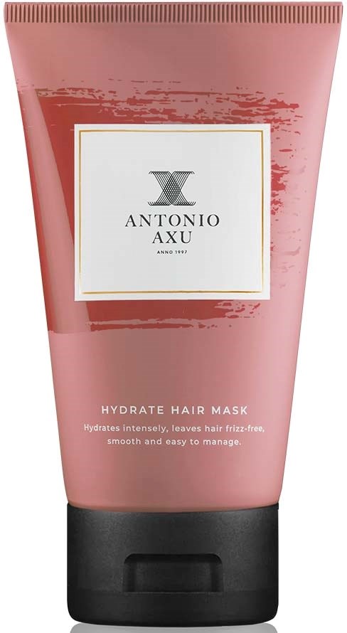 Rosa Tube mit Antonio Axu Hydrate Hair Mask und schwarzem Deckel, Etikett zeigt Produktname und Beschreibung.